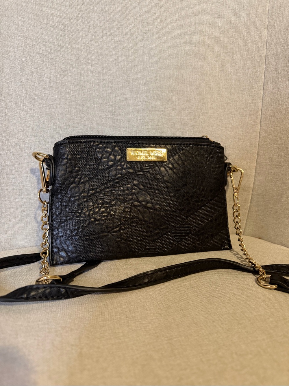 Michael Kors Black Textured Leather Crossbody with Gold Hardware